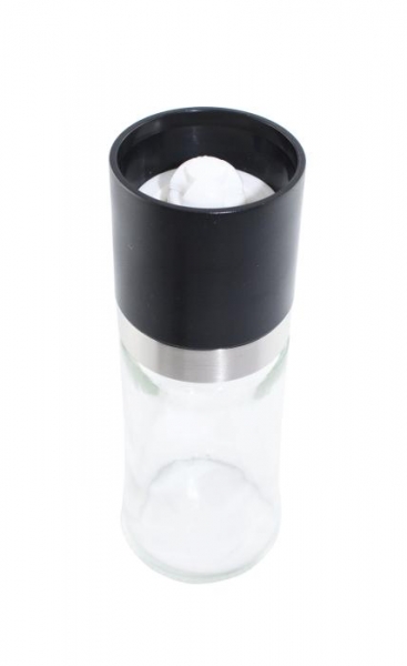Gewürzglas 150ml inkl. Keramikmühle mit Kunststoffdeckel schwarz/silber